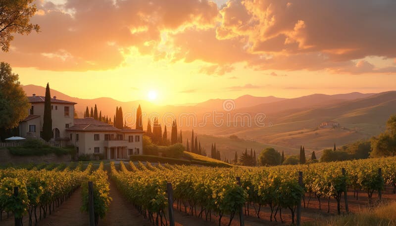 Tuscan countryside vineyard at sunset